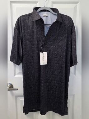 Collars and Co Black White All Over Print Dress Collar Polo Shirt Performance 2X